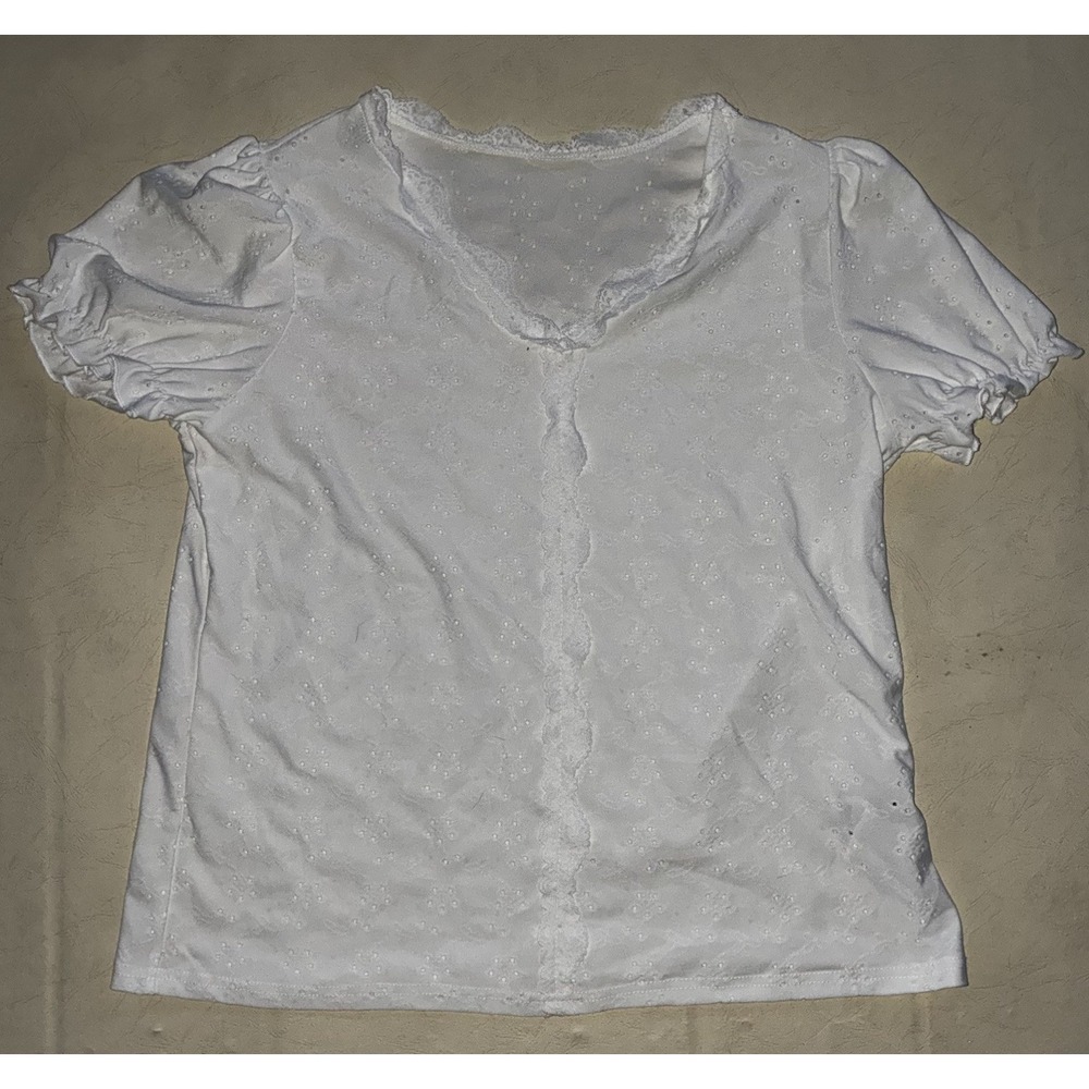 Shein Womens Eyelet Lace Blouse XL White Scallop Neck Short Sleeve Ruffle Top